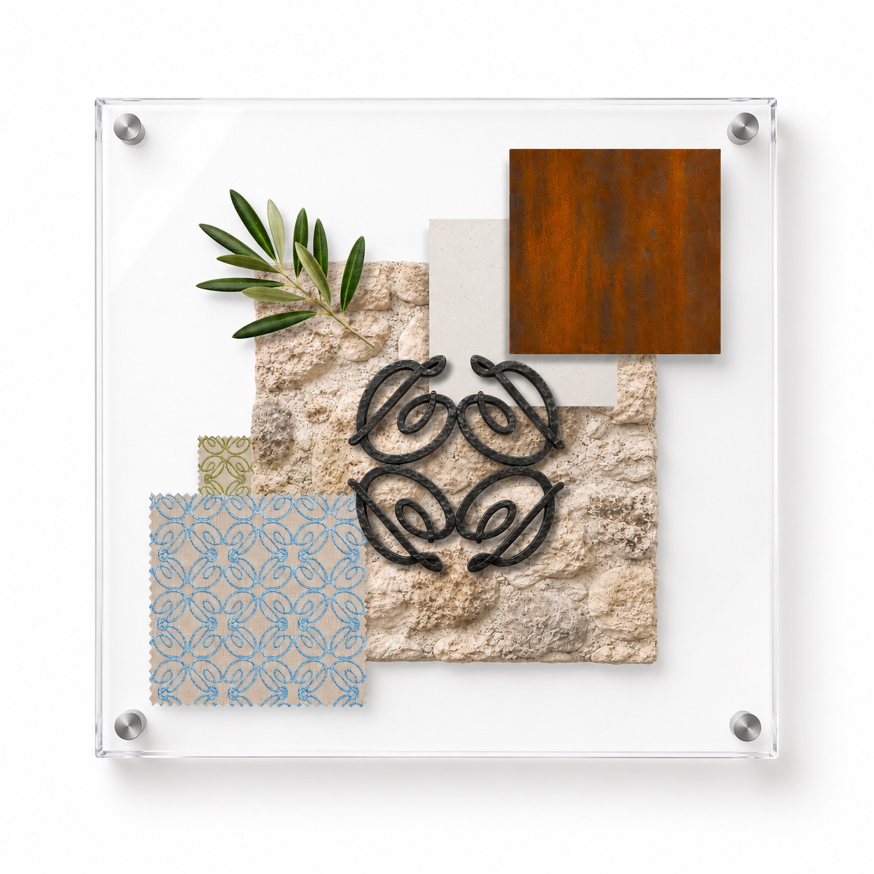 Composition de l’identité visuelle Maison Dellanoce sous plexiglas : monogramme, pierre, textiles et rameau d’olivier.