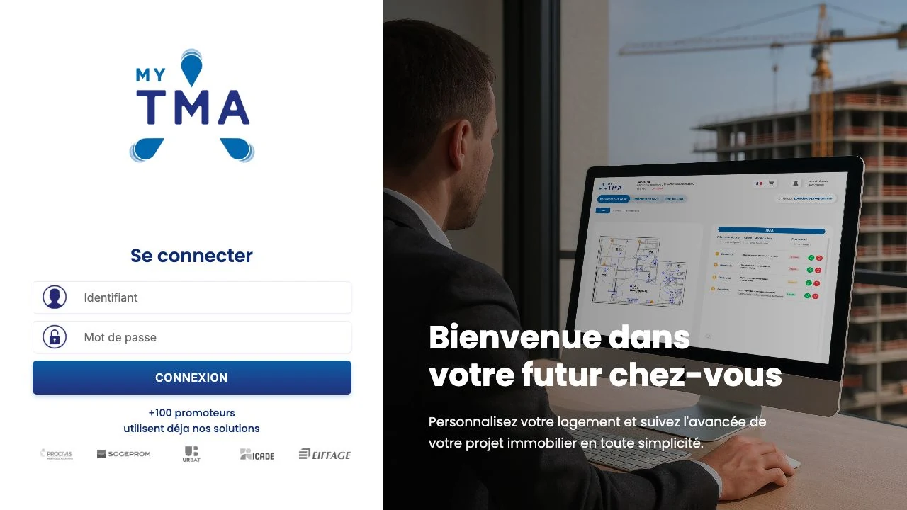 Écran de connexion MyTMA avec le logo et une mise en situation du logiciel sur ordinateur.