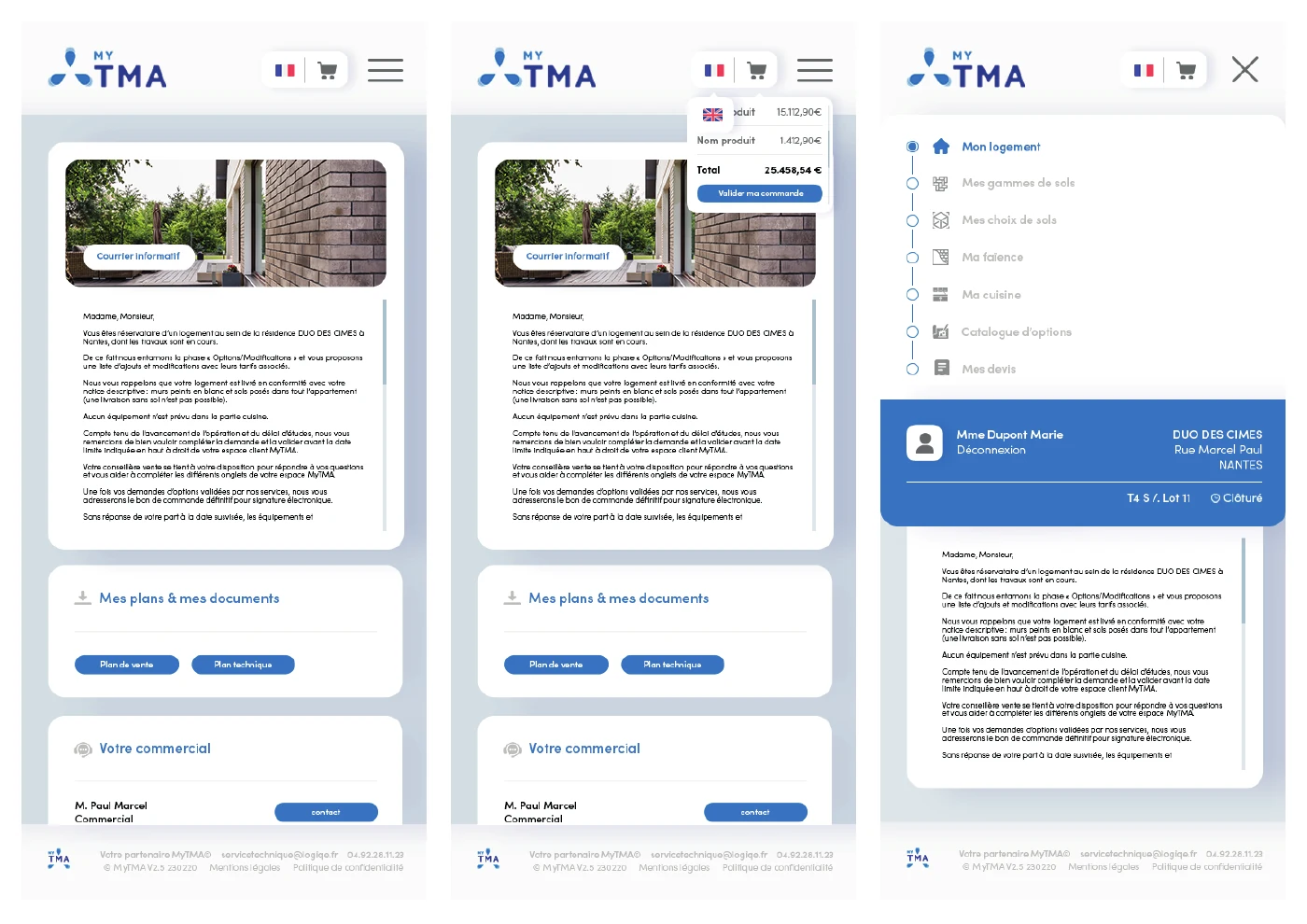 Trois écrans mobiles de la maquette MyTMA présentant l’accueil, le profil et le menu de navigation.