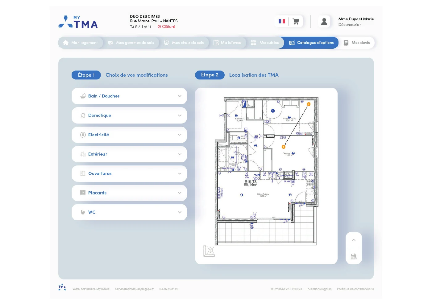 Maquette du catalogue d’options MyTMA avec catégories de modifications et plan du logement.