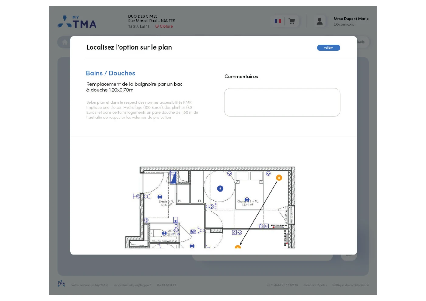 Fenêtre de la maquette MyTMA permettant de localiser une option sur le plan du logement et d’ajouter un commentaire.