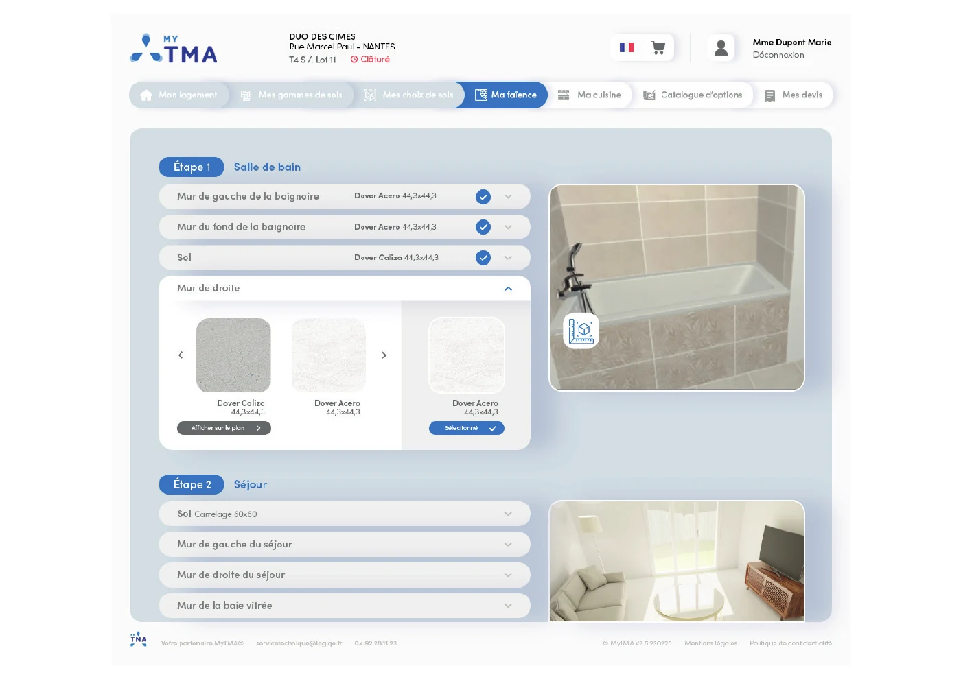 Maquette MyTMA de sélection des matériaux avec options par pièce, échantillons et photographies.