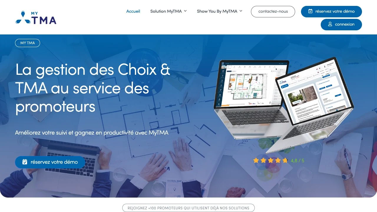 Page d’accueil MyTMA présentant la gestion des choix et TMA pour les promoteurs immobiliers.