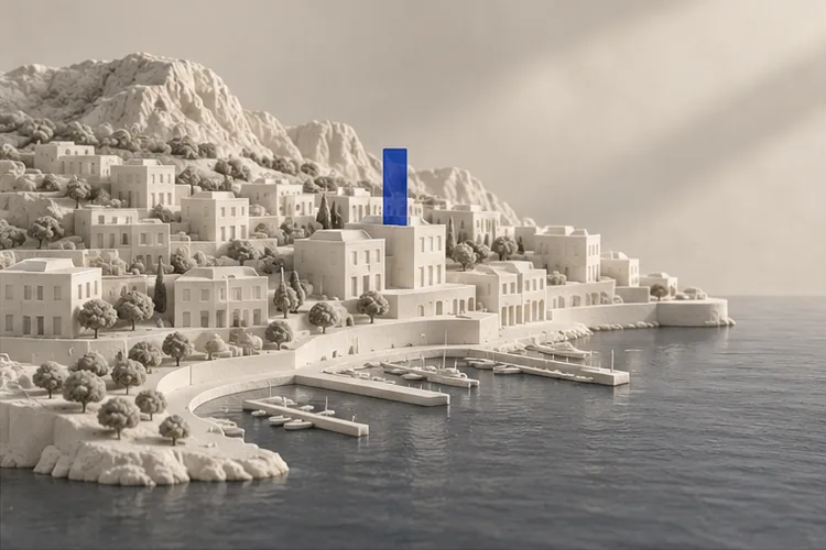 Présence locale à Monaco Stylised coastal landscape with a blue marker representing local visibility
