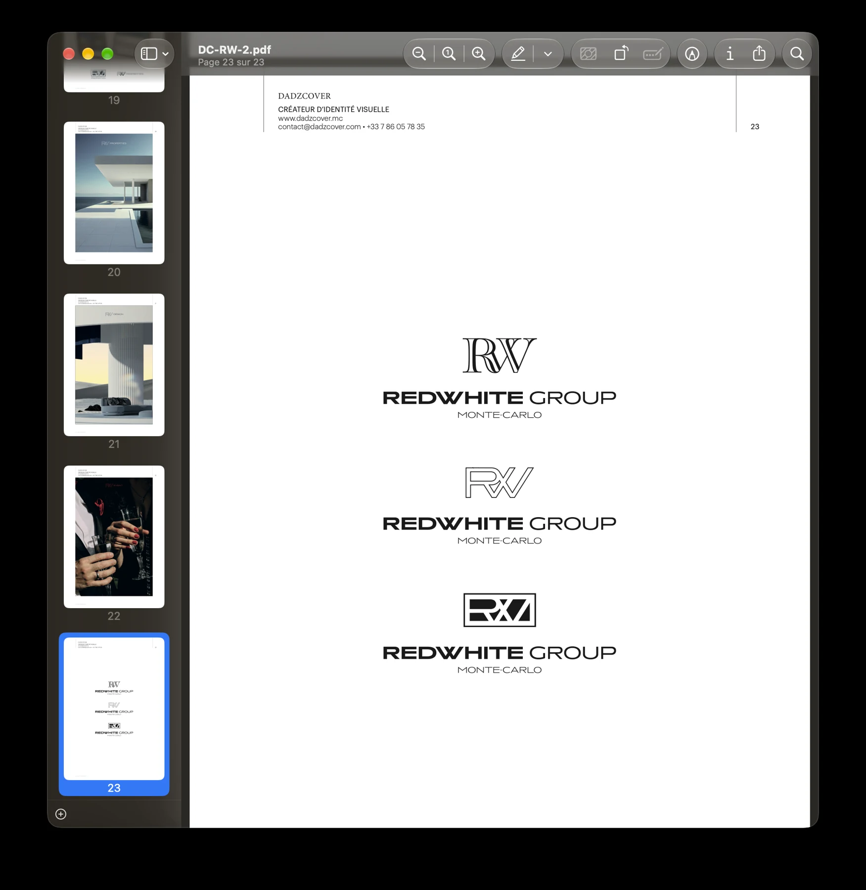 Dossier de présentation Redwhite Group comparant trois pistes de monogramme RW avec le nom de la marque.