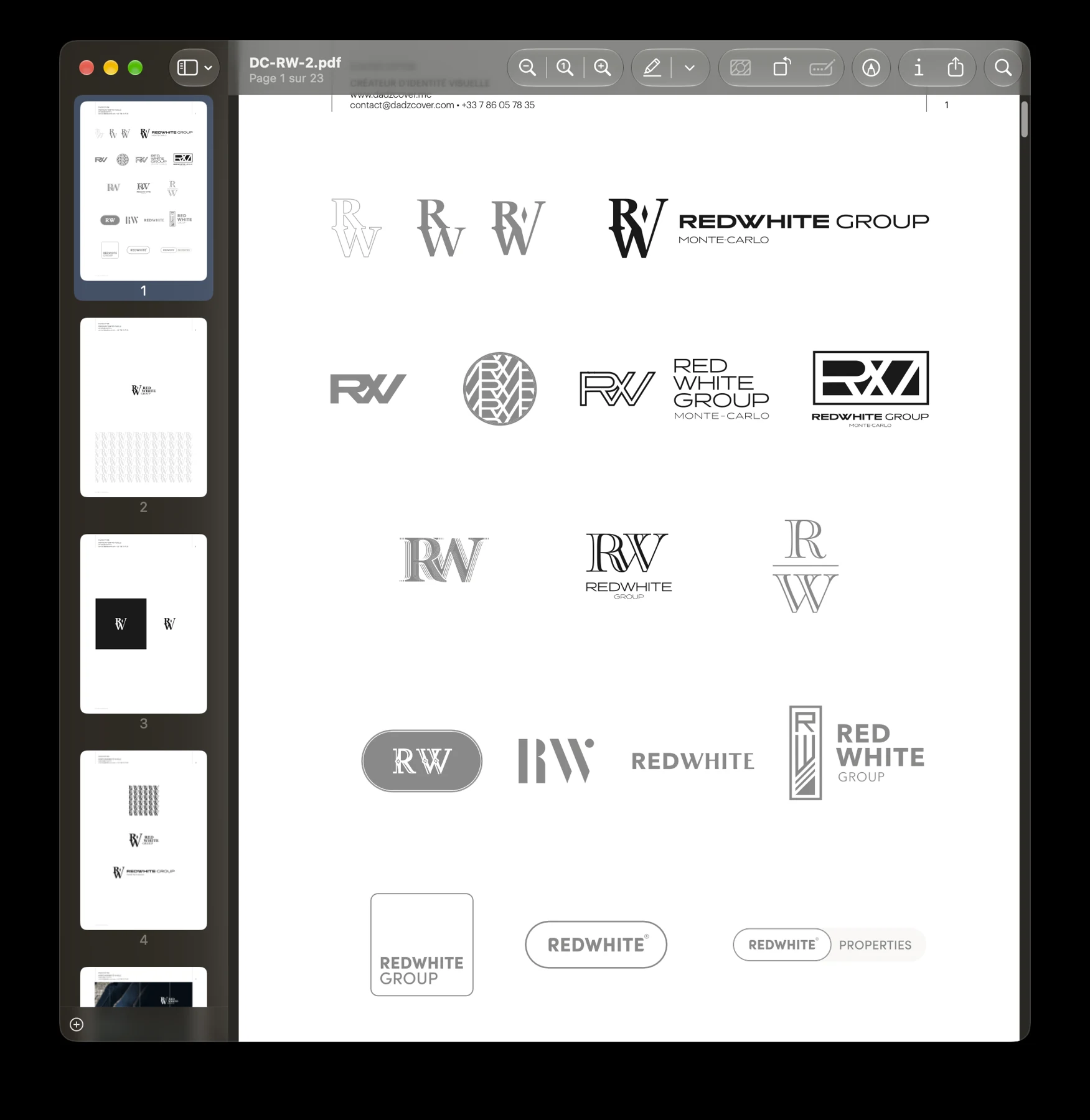 Dossier de recherche Redwhite Group présentant plusieurs logotypes, monogrammes et compositions typographiques.