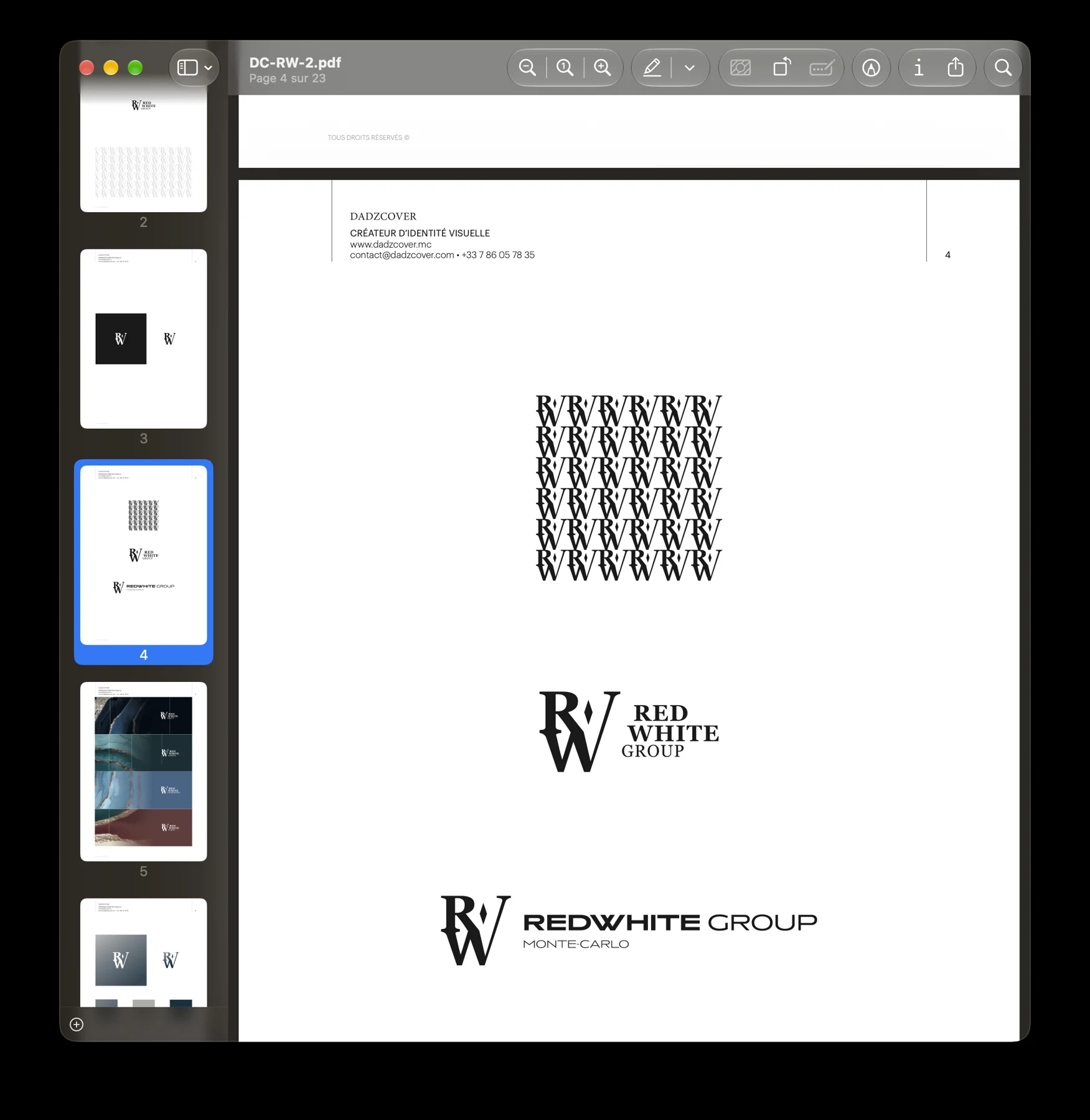Dossier Redwhite Group présentant un monogramme RW, un motif répété et plusieurs compositions avec le nom du groupe.