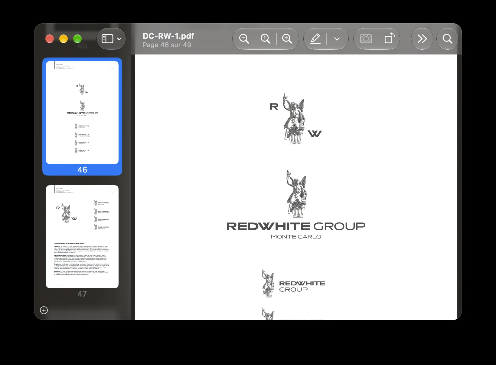 Dossier Redwhite Group présentant une piste de logotype sculptural et ses déclinaisons pour les activités du groupe.