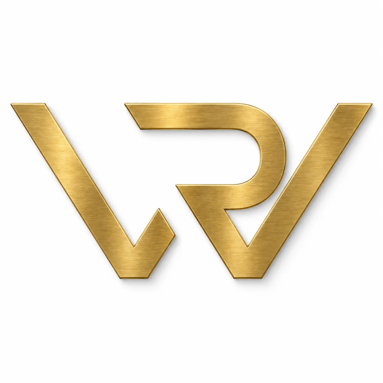 Monogramme RW de l’identité visuelle Redwhite Group, présenté de face en laiton brossé avec une ombre légère sur fond blanc.