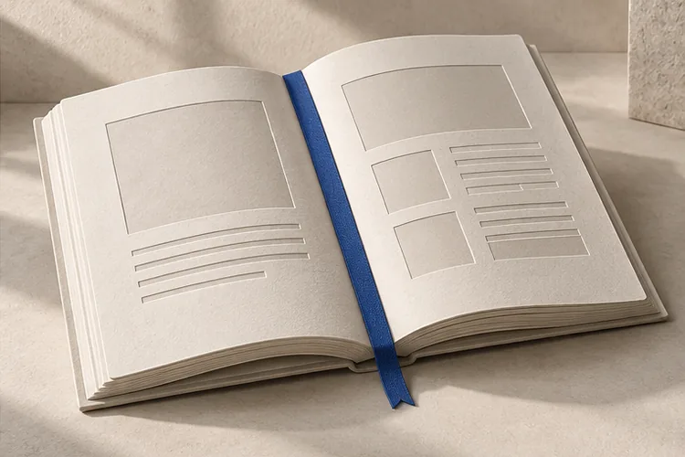 Livre ouvert aux contenus hiérarchisés illustrant les pages de services.