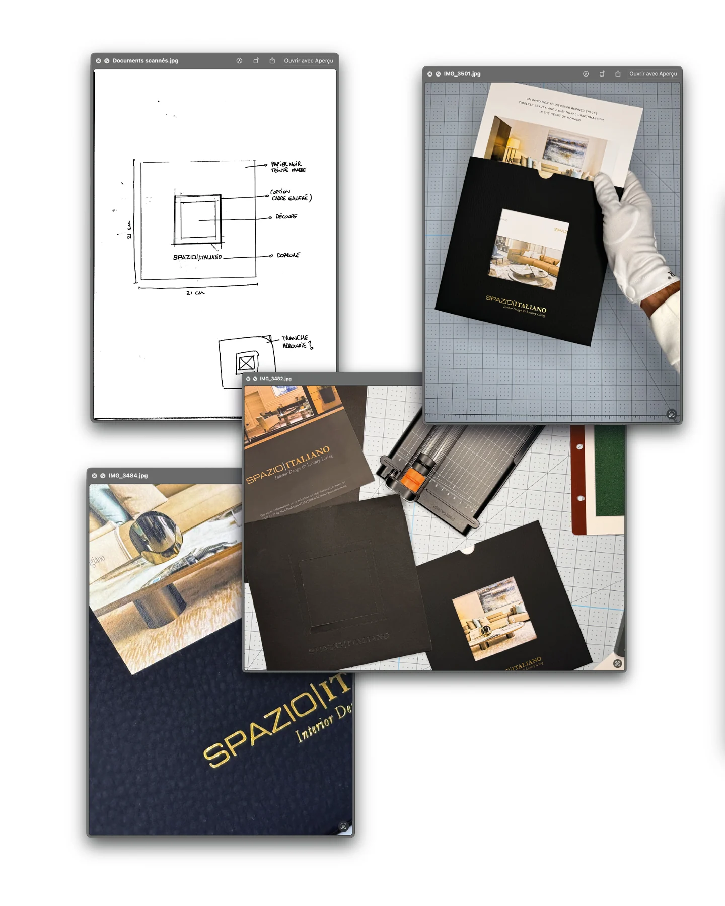 Croquis de la pochette à fenêtre Spazio Italiano et photographies des essais de découpe, de dorure et des feuillets.