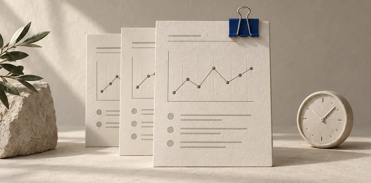 Rapports, courbe de mesure et horloge illustrant un suivi SEO documenté.